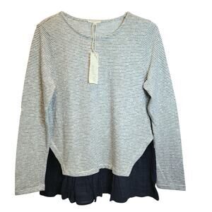 Mystree‎ Tunic Sweater Top Long Sleeve Stripe Large White Navy Knit Mix Media